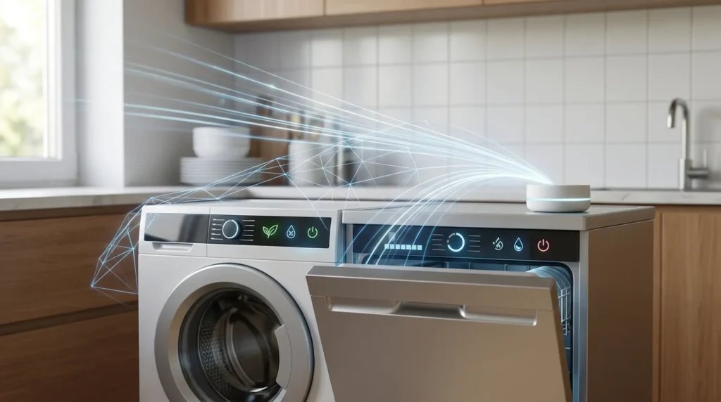 Visual representation of interconnected smart appliances, showing a washing machine and dishwasher actively communicating data to a central hub in a domestic kitchen.