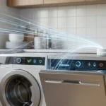 Visual representation of interconnected smart appliances, showing a washing machine and dishwasher actively communicating data to a central hub in a domestic kitchen.