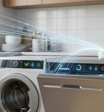 Visual representation of interconnected smart appliances, showing a washing machine and dishwasher actively communicating data to a central hub in a domestic kitchen.