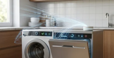 Visual representation of interconnected smart appliances, showing a washing machine and dishwasher actively communicating data to a central hub in a domestic kitchen.