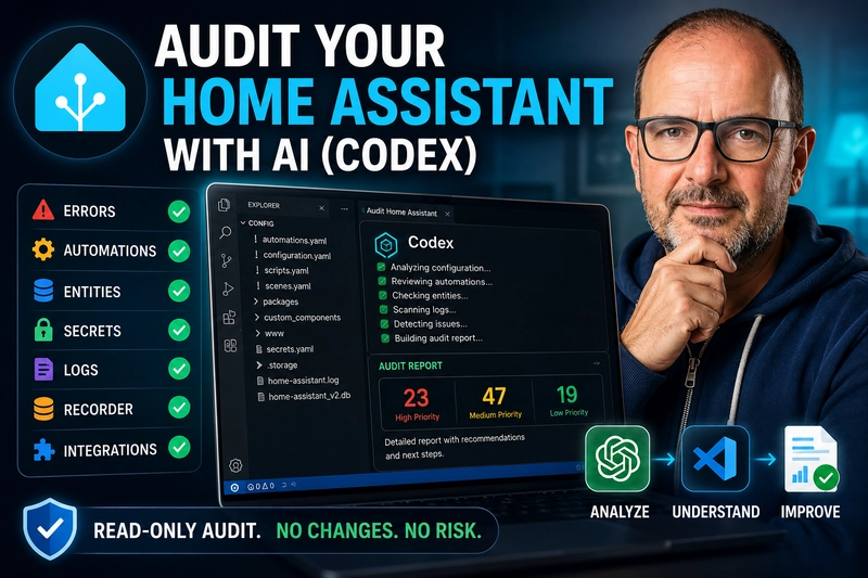 Safe Home Assistant audit with AI and Codex to detect hidden errors, automations, entities, secrets, logs, integrations, and recorder issues before making changes