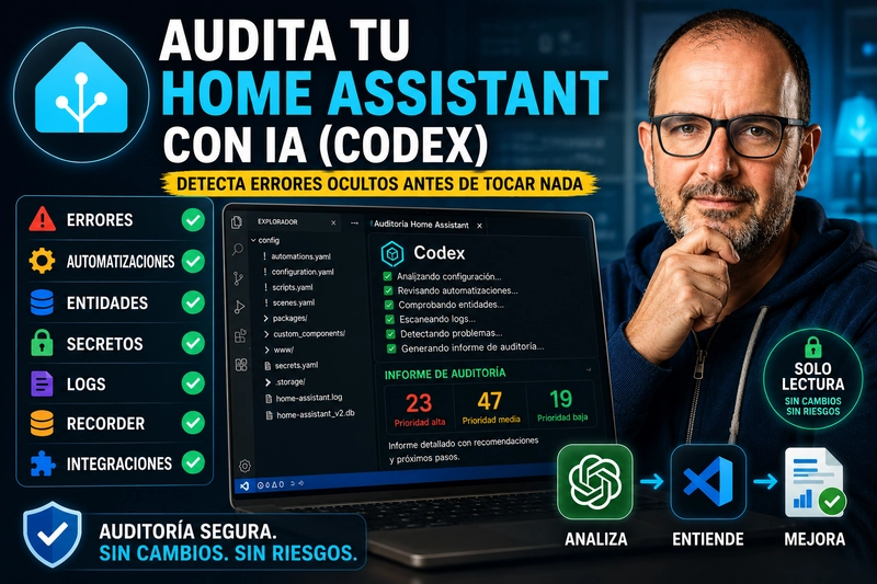 Auditoría segura de Home Assistant con IA y Codex para detectar errores ocultos, automatizaciones, entidades, secretos, logs e integraciones antes de modificar la instalación