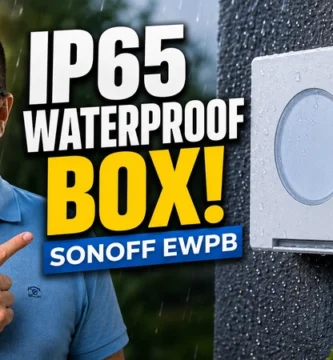 SONOFF EWPB IP65 waterproof box installed on an outdoor wall in the rain