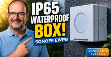 SONOFF EWPB IP65 waterproof box installed on an outdoor wall in the rain
