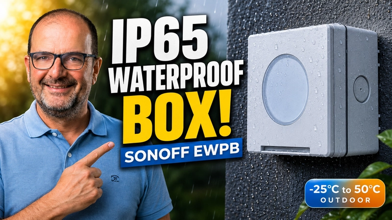 SONOFF EWPB IP65 waterproof box installed on an outdoor wall in the rain
