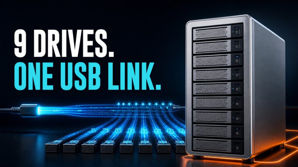 Nine-drive DAS connected through one USB link