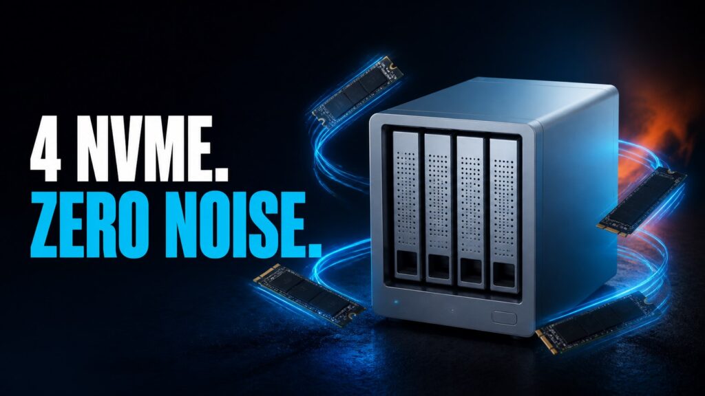 NAS with four NVMe drives and the text zero noise