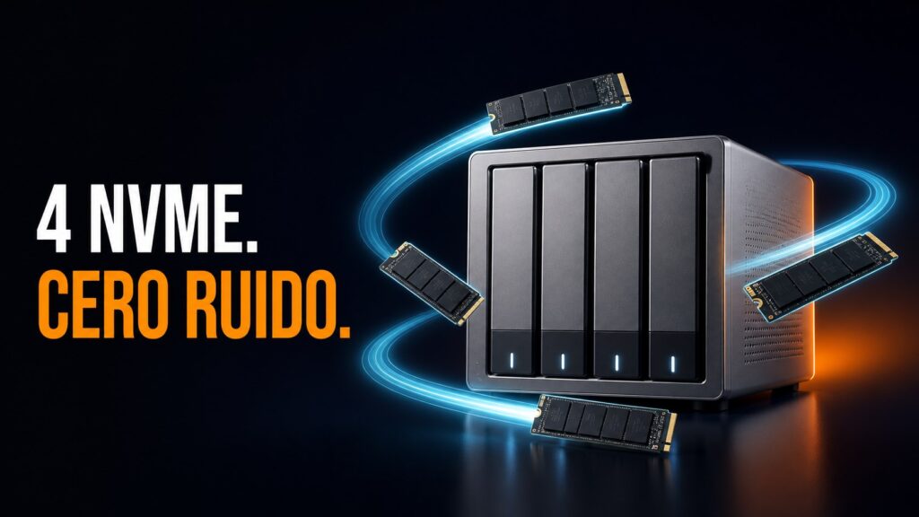 NAS con cuatro unidades NVMe y el texto cero ruido