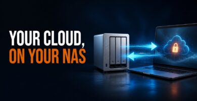 Laptop syncing files with a NAS and the text your cloud on your NAS