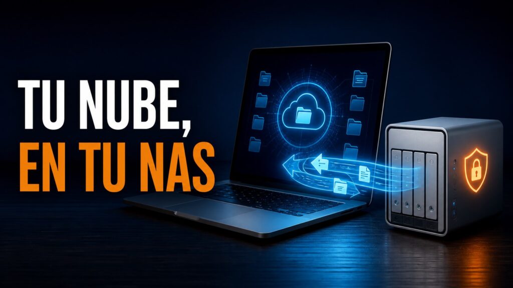 Portátil sincronizando archivos con un NAS y el texto tu nube en tu NAS