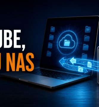 Portátil sincronizando archivos con un NAS y el texto tu nube en tu NAS