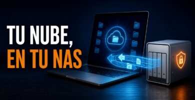 Portátil sincronizando archivos con un NAS y el texto tu nube en tu NAS