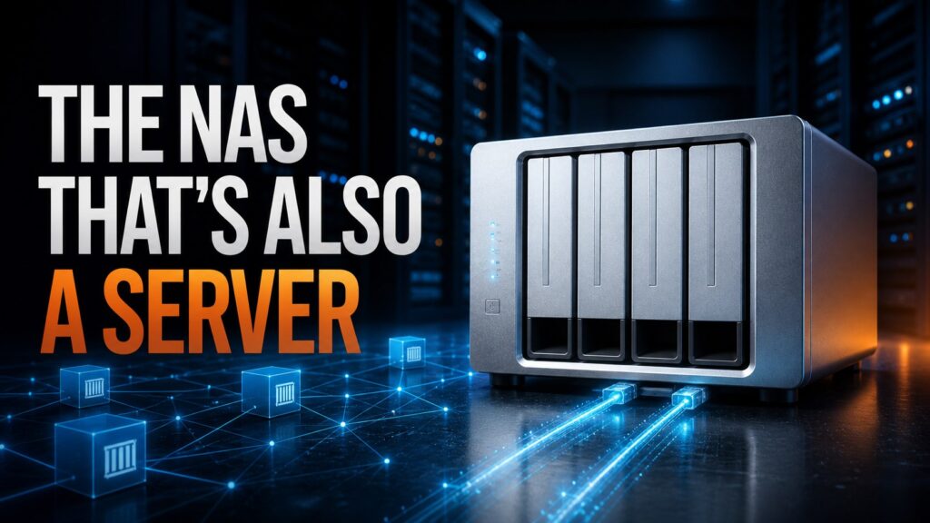 Four-bay NAS and containers with the text also a server
