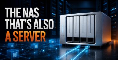 Four-bay NAS and containers with the text also a server