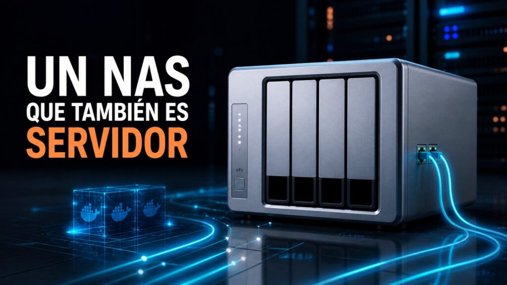 NAS de cuatro bahías y contenedores con el texto también es servidor