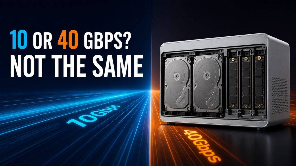 Hybrid DAS with two SATA drives and three NVMe drives comparing 10 and 40 Gbps