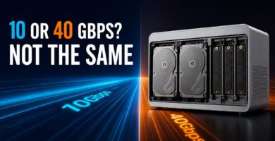 Hybrid DAS with two SATA drives and three NVMe drives comparing 10 and 40 Gbps