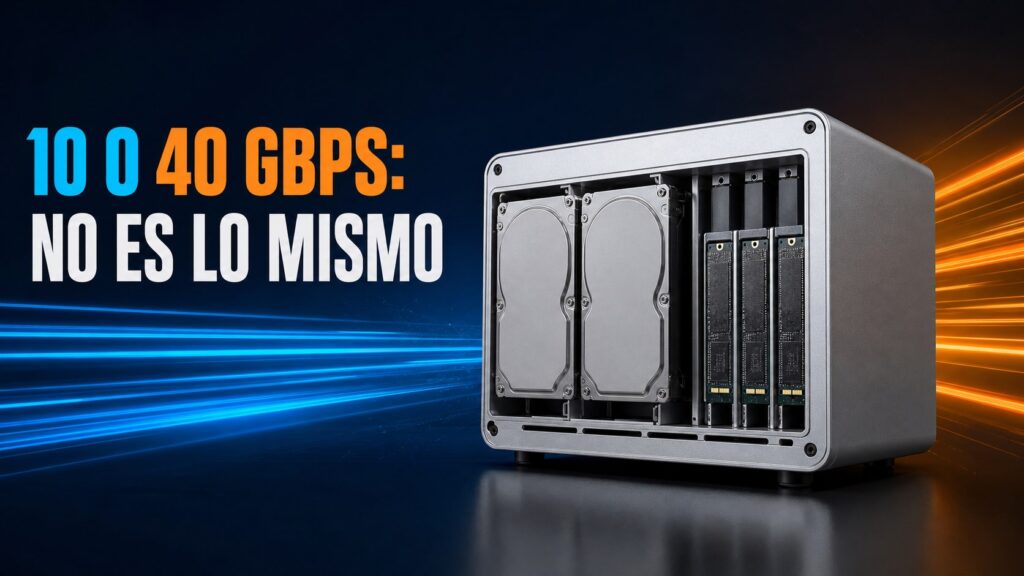 DAS híbrido con dos discos SATA y tres NVMe comparando 10 y 40 Gbps