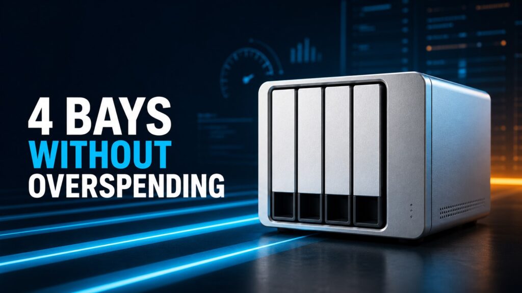 Four-bay NAS with the text without overspending