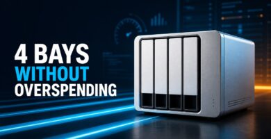 Four-bay NAS with the text without overspending