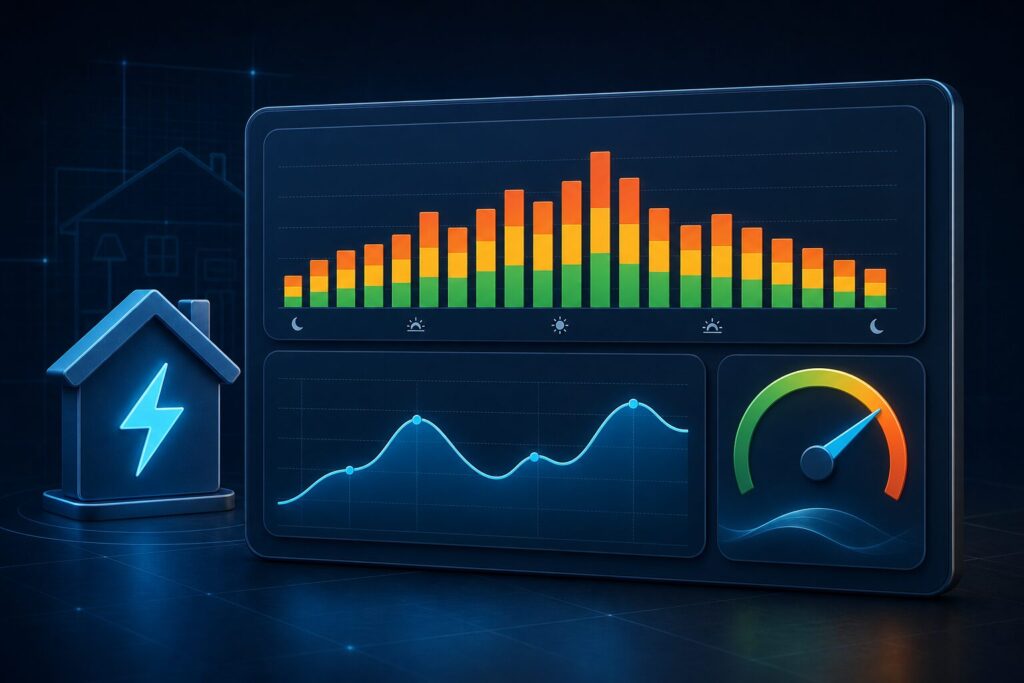 Home Assistant energy dashboard with daily, monthly and power charts
