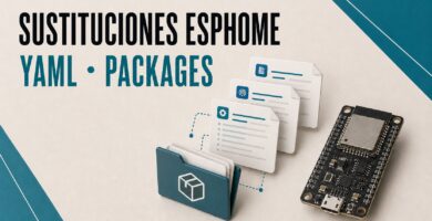 Archivos YAML reutilizables y packages conectados a una placa ESP32 con ESPHome