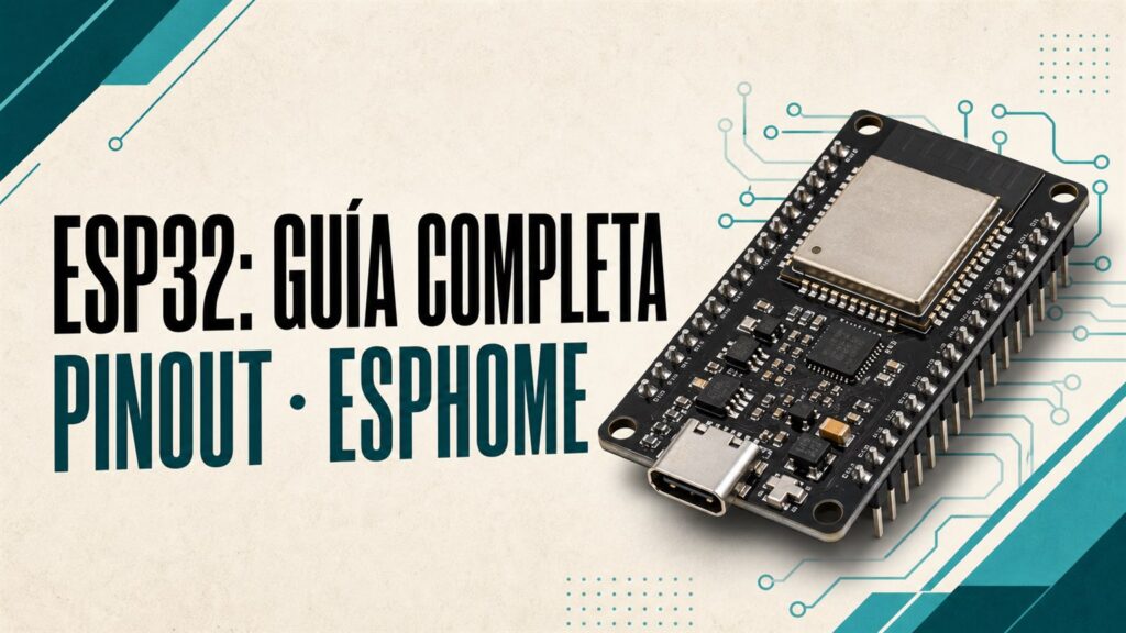 Placa ESP32 junto al texto ESP32 guía completa, pinout y ESPHome