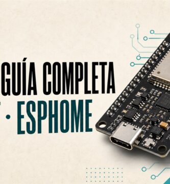 Placa ESP32 junto al texto ESP32 guía completa, pinout y ESPHome
