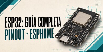 Placa ESP32 junto al texto ESP32 guía completa, pinout y ESPHome