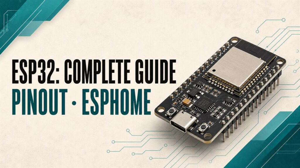 ESP32 board next to the words ESP32 complete guide, pinout and ESPHome