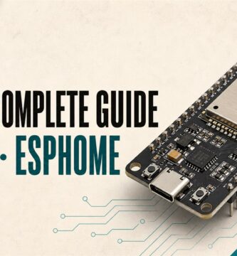 ESP32 board next to the words ESP32 complete guide, pinout and ESPHome