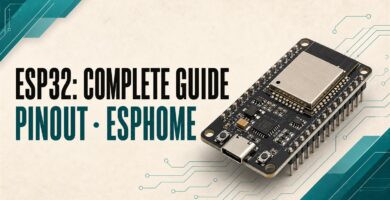 ESP32 board next to the words ESP32 complete guide, pinout and ESPHome