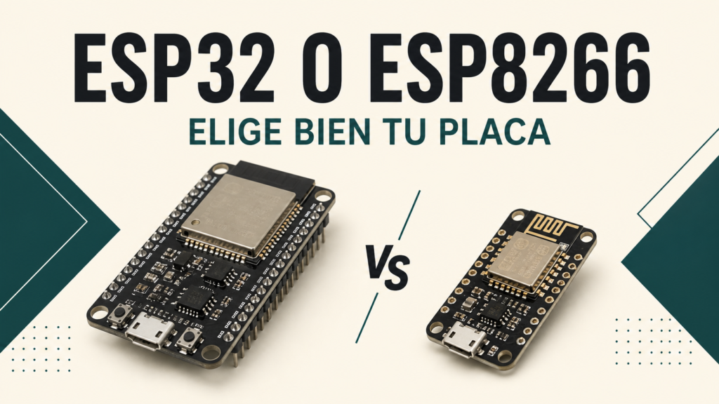 Placas ESP32 y ESP8266 enfrentadas con el texto elige bien tu placa