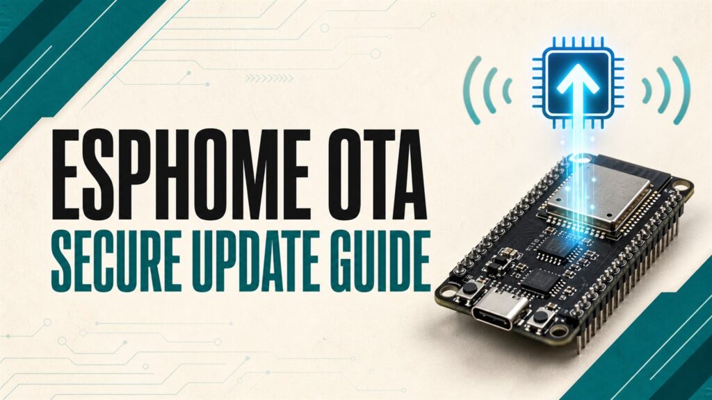 ESP32 board receiving a wireless ESPHome OTA firmware update