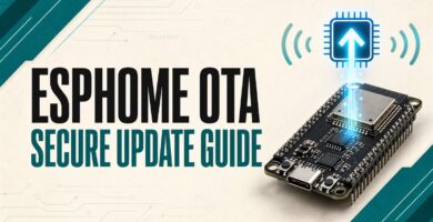 ESP32 board receiving a wireless ESPHome OTA firmware update