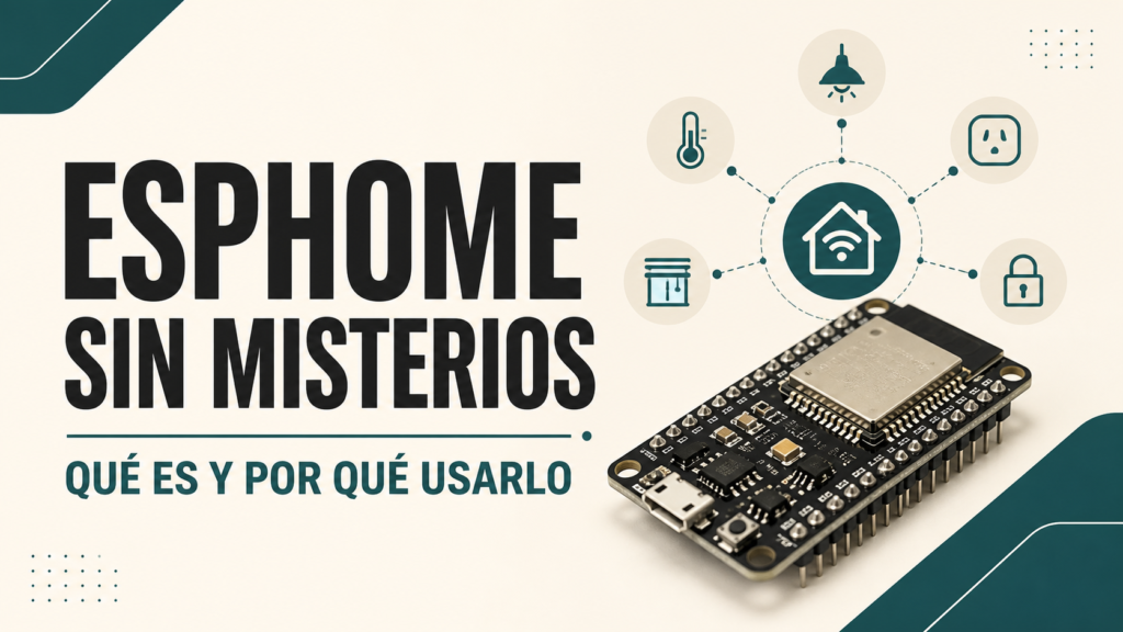 Placa ESP32 conectada a dispositivos del hogar con el texto ESPHome sin misterios