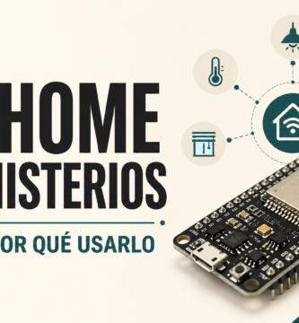 Placa ESP32 conectada a dispositivos del hogar con el texto ESPHome sin misterios