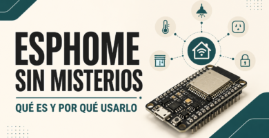 Placa ESP32 conectada a dispositivos del hogar con el texto ESPHome sin misterios