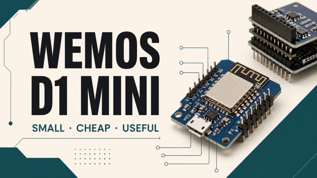 Wemos D1 Mini board with the text small, cheap, and useful