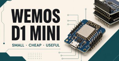 Wemos D1 Mini board with the text small, cheap, and useful