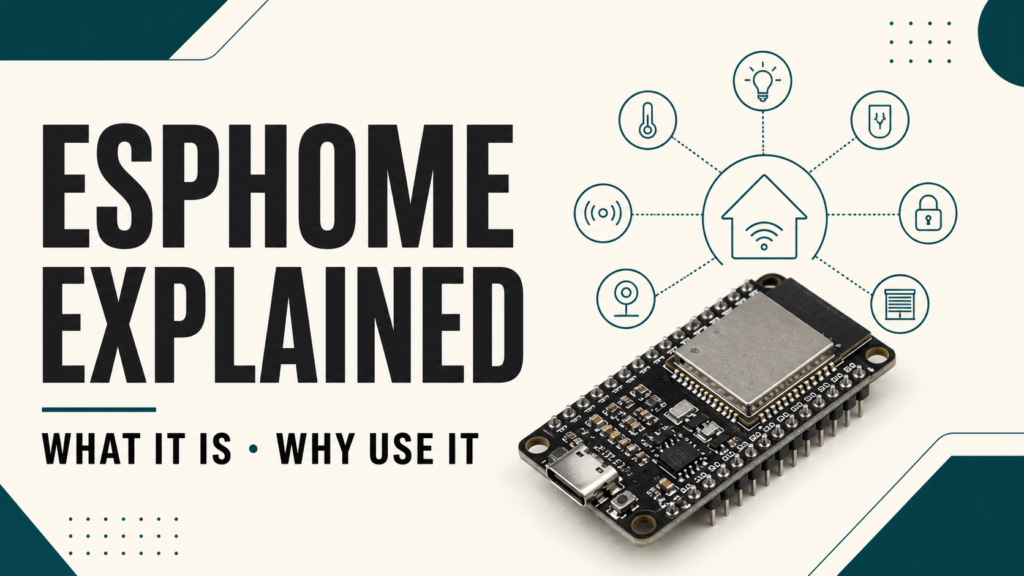 ESP32 board connected to smart home devices with the text ESPHome explained