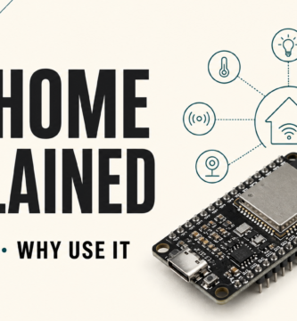 ESP32 board connected to smart home devices with the text ESPHome explained