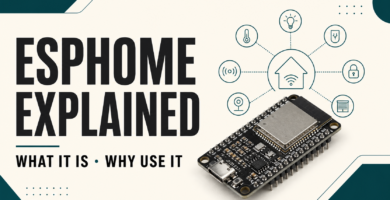 ESP32 board connected to smart home devices with the text ESPHome explained