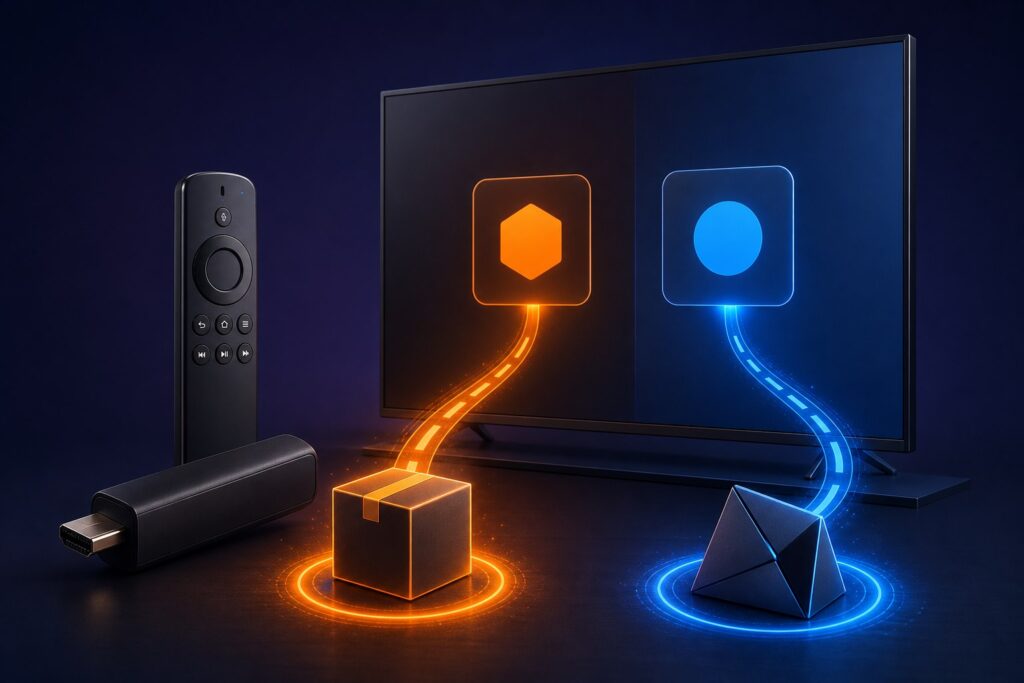 Fire TV with two visual app paths representing Fire OS and Vega OS