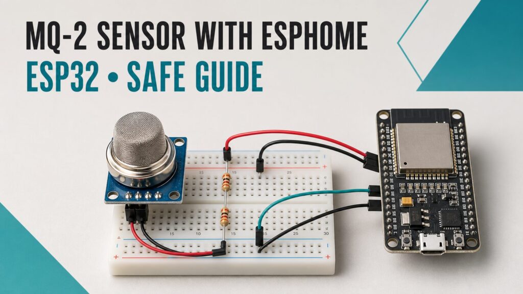 MQ-2 sensor connected through a voltage divider to an ESP32 running ESPHome