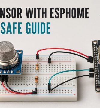 MQ-2 sensor connected through a voltage divider to an ESP32 running ESPHome