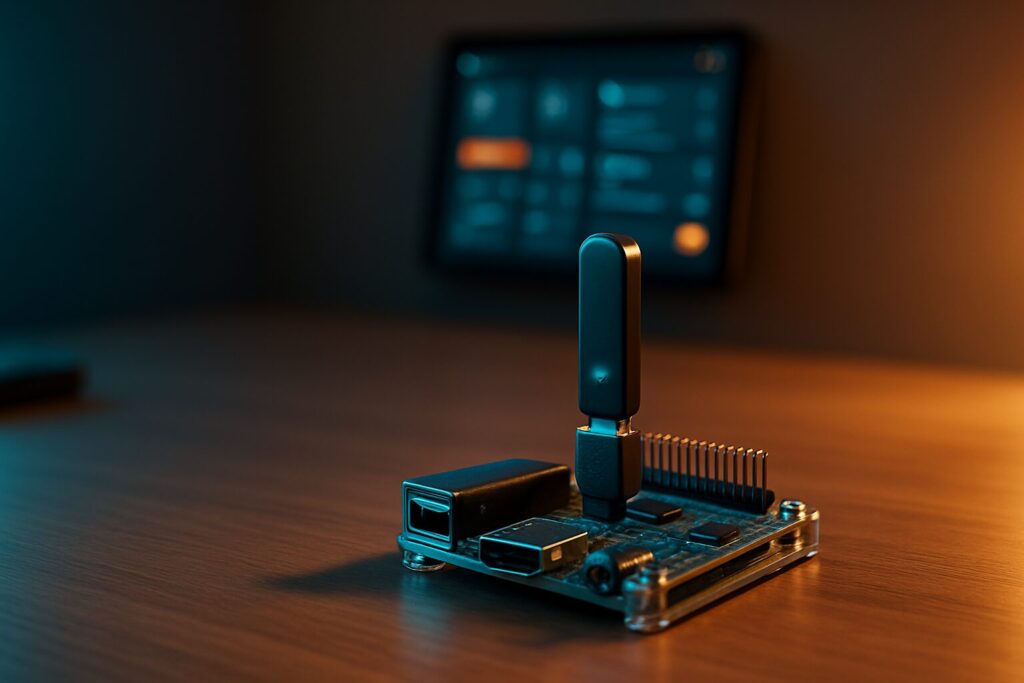 Zigbee2MQTT in Home Assistant with a Zigbee coordinator and connected devices