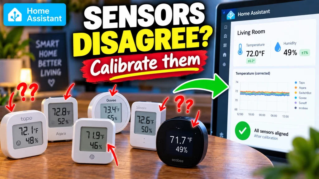 Several temperature and humidity sensors showing different readings before calibration in Home Assistant