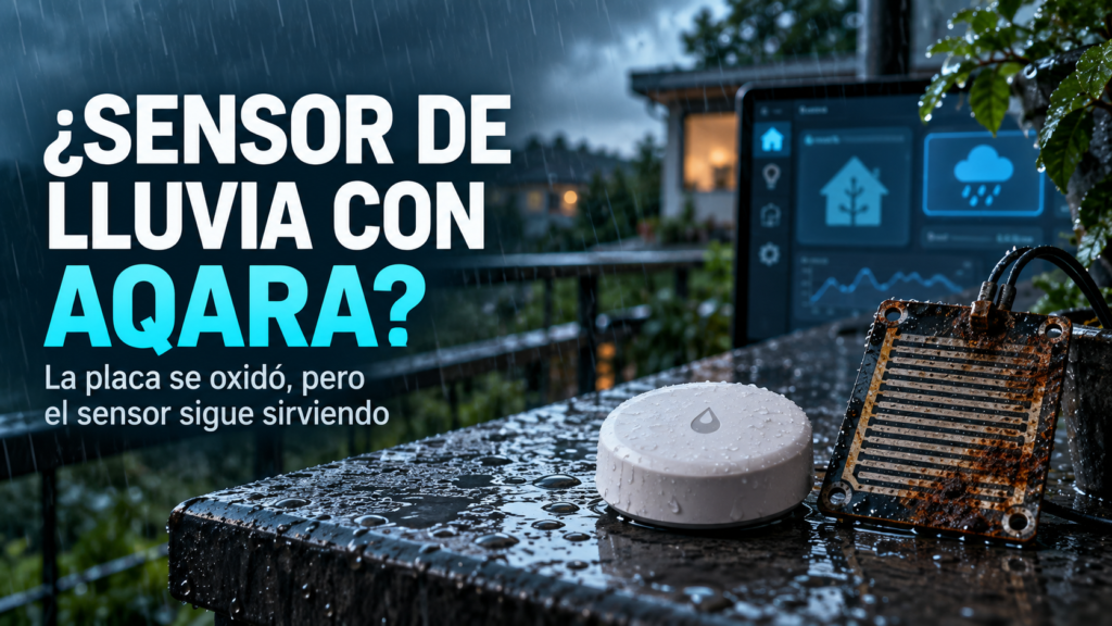 Sensor Aqara junto a una placa de lluvia oxidada conectado a Home Assistant