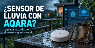 Sensor Aqara junto a una placa de lluvia oxidada conectado a Home Assistant